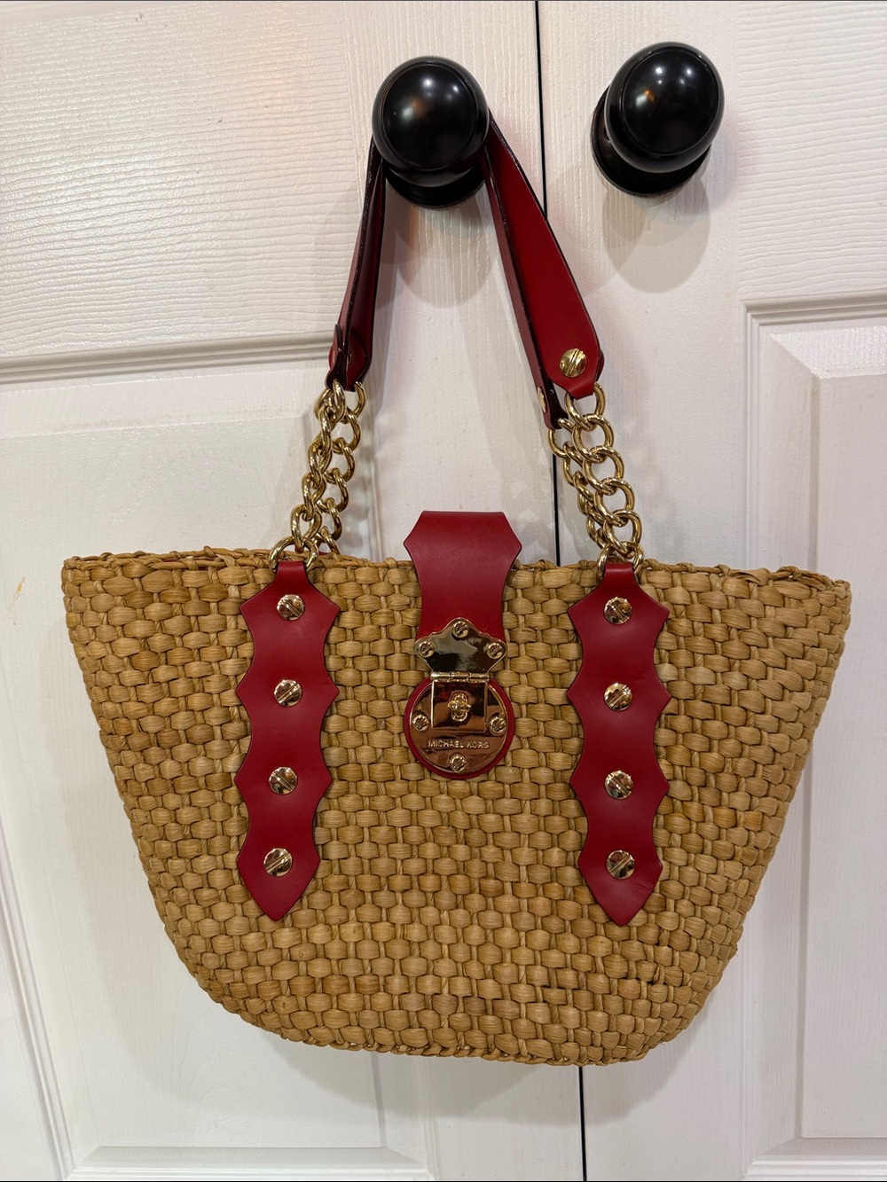 Michael Kors Santorini Straw Corn Husk Leather Trim/Turn Lock Tote Shoulder Bag - Picture 2 of 7